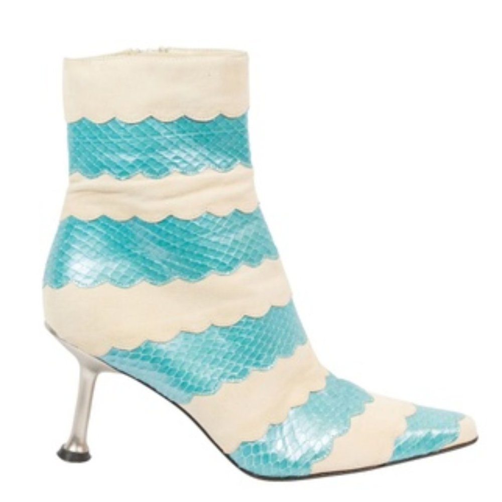 Mark Schwartz cream aqua reptile and cream suede Booties